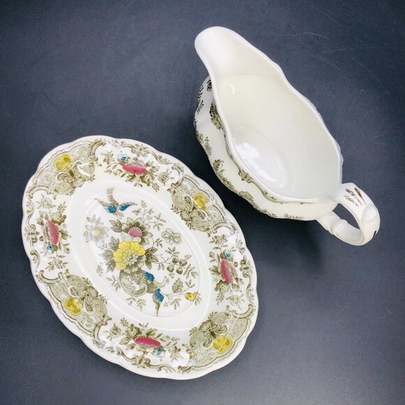 Vintage 60s RIDGWAY England Green Windsor Tapestry Gravy Boat with Underplate - Picture 5 of 10